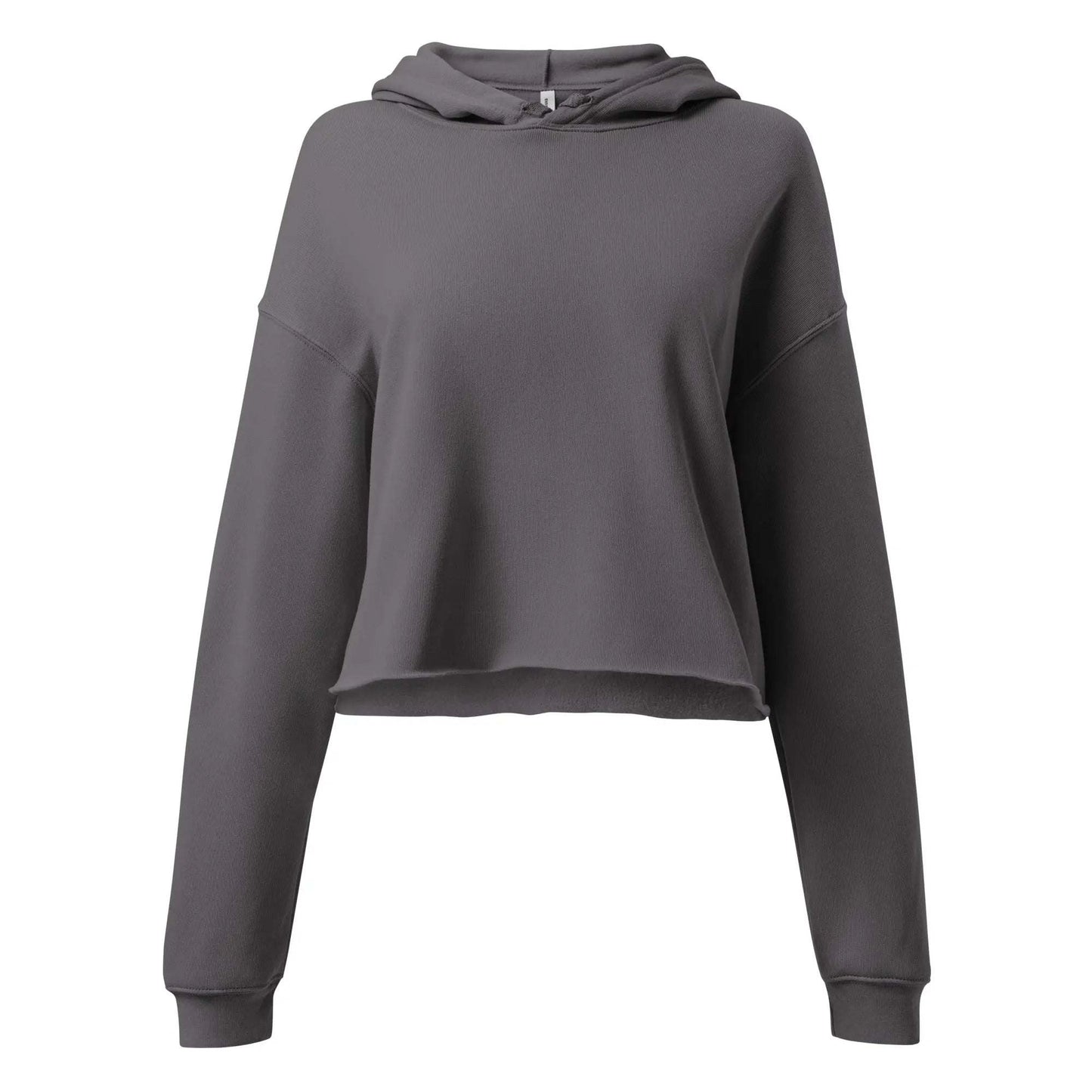 Stylish Mom Crop Hoodie with raw hem and matching drawstrings in cotton-poly fleece blend