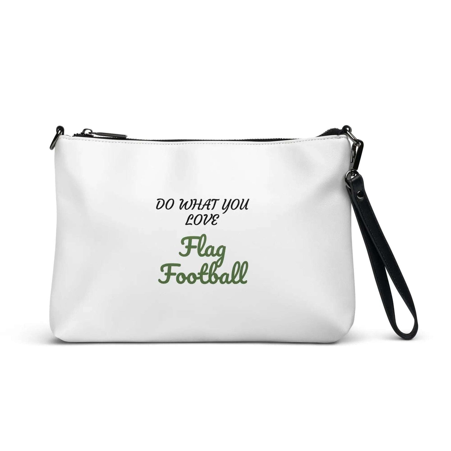 Crossbody bag for flag football made of faux leather with zip-top closure and adjustable straps