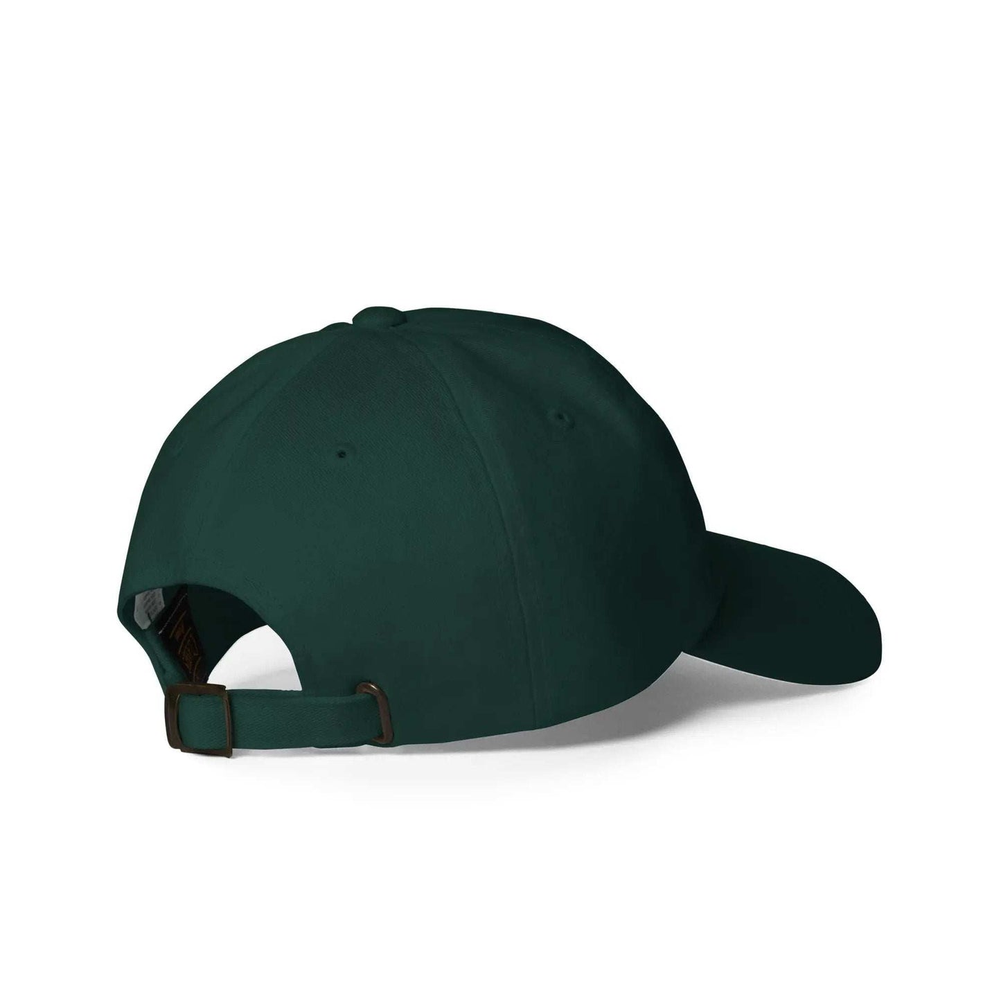 Stylish flag football hat with green camo, adjustable buckle, and unstructured design