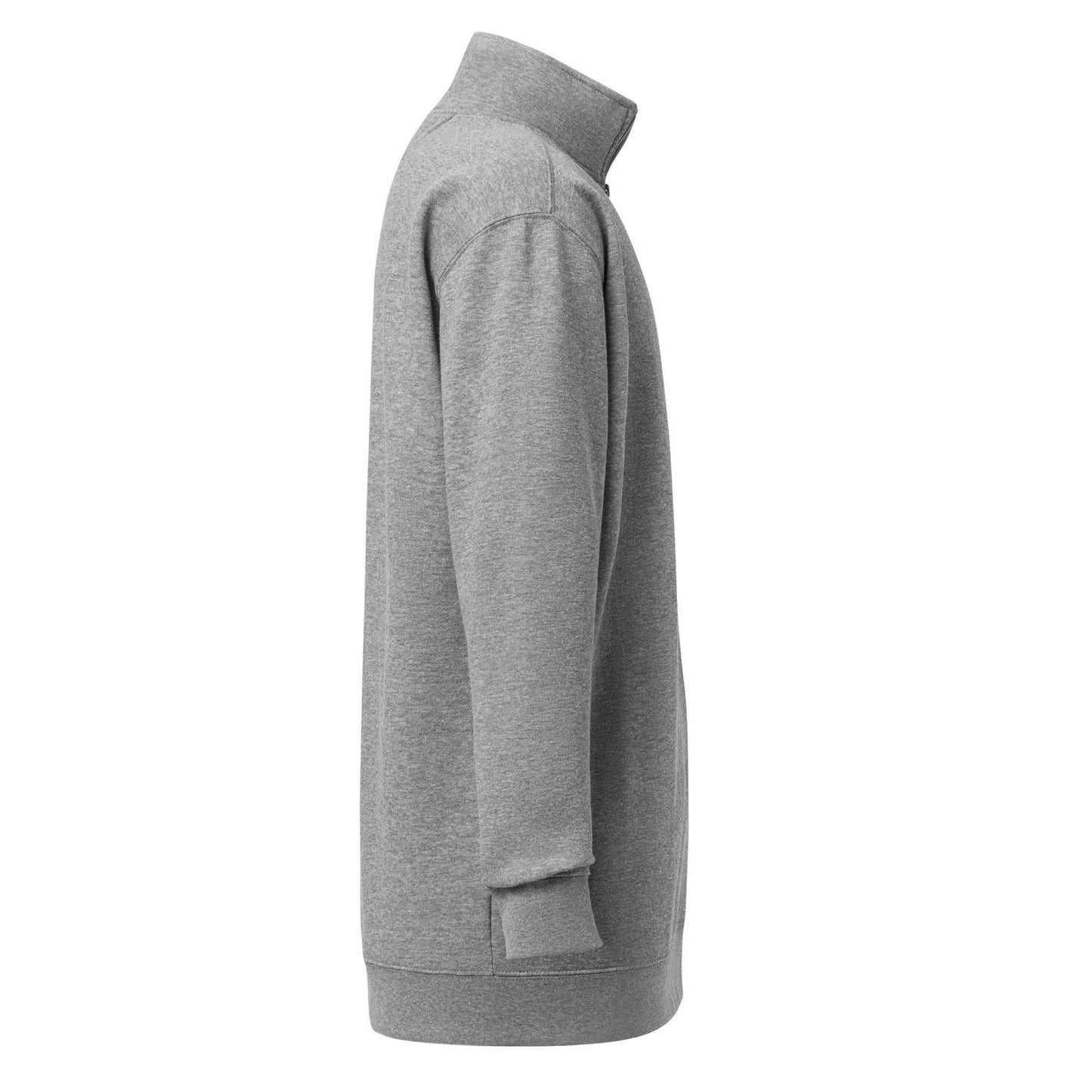 Grey fleece pullover with zipper and ribbed cuffs for track and field warmth