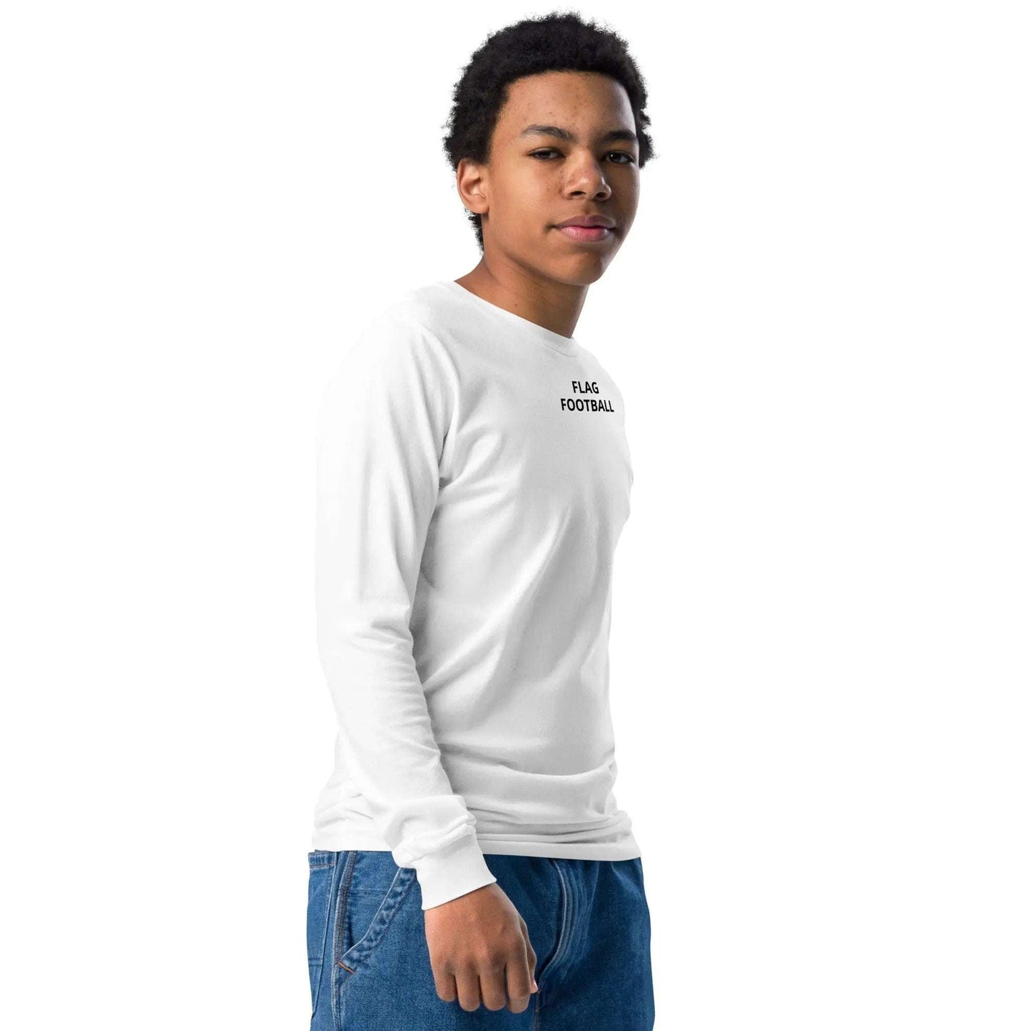 Youth Flag Football long sleeve tee in soft Airlume cotton with ribbed cuffs and regular fit