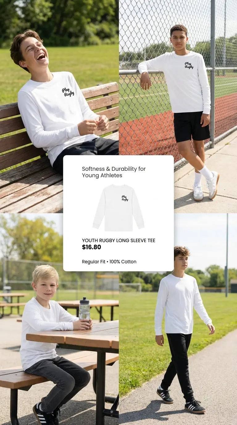 Youth Rugby Long Sleeve Tee made from soft Airlume cotton with ribbed cuffs and regular fit for young athletes