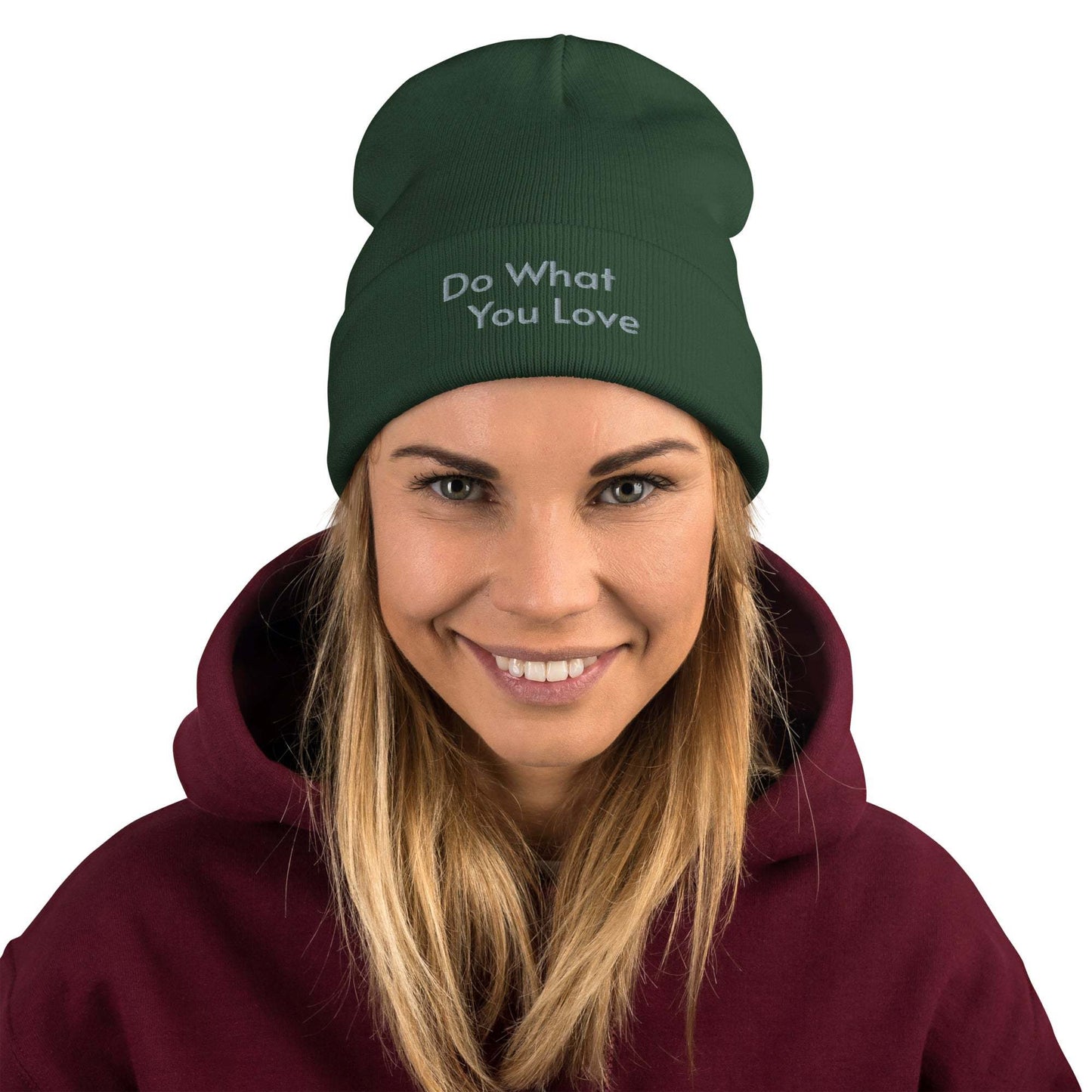 Close-up of a stylish embroidered beanie with a snug, breathable cotton blend fit