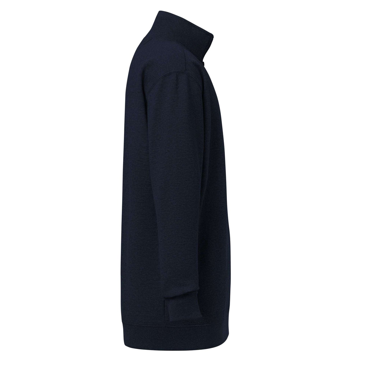 Carbon grey fleece pullover with quarter zipper, soft fleece interior, relaxed fit for track and field