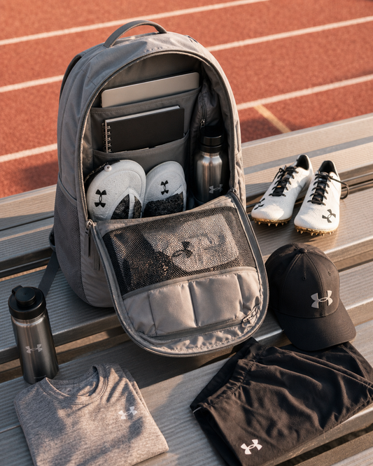 Track meet packing checklist — Under Armour backpack gear laid out on stadium bench