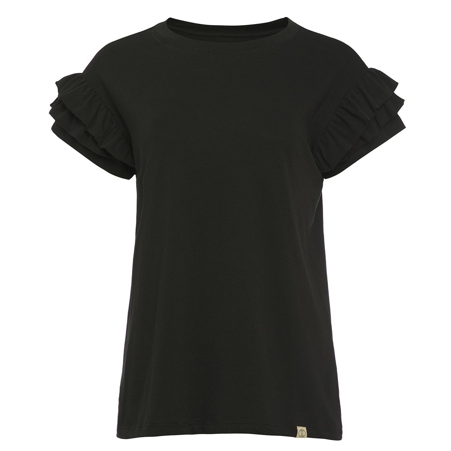 Ella Ruffle Sleeve Tee in white featuring classic crew neck and double ruffle short sleeves on relaxed fit model