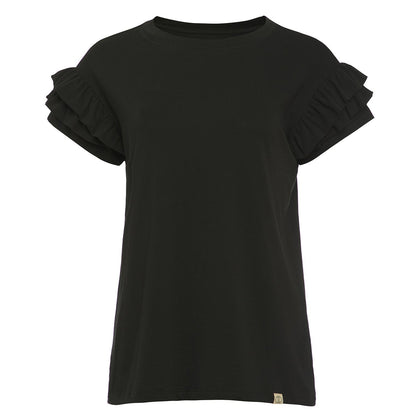 Ella Ruffle Sleeve Tee in white featuring classic crew neck and double ruffle short sleeves on relaxed fit model