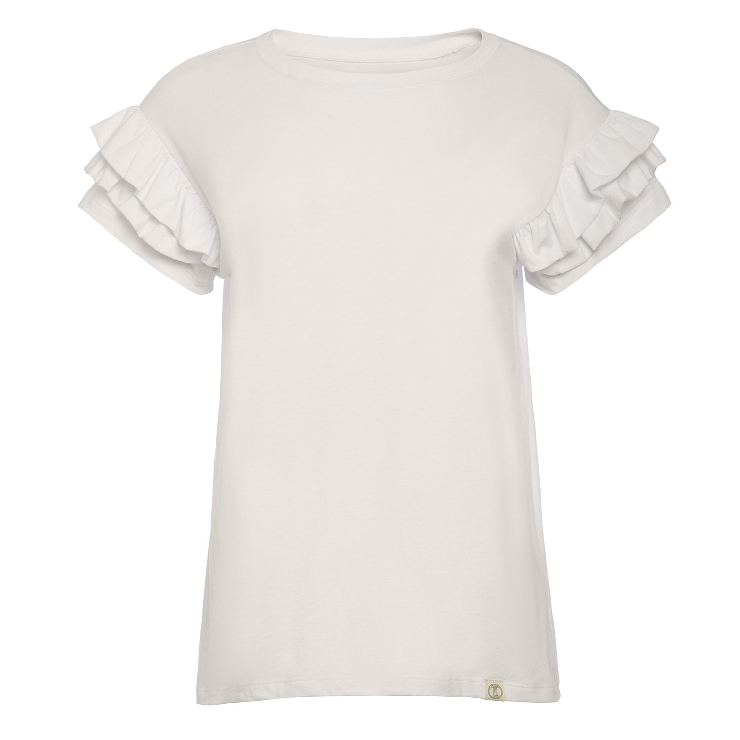 Ella Ruffle Sleeve Tee with classic crew neck and double ruffle short sleeves in organic cotton