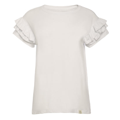 Ella Ruffle Sleeve Tee with classic crew neck and double ruffle short sleeves in organic cotton