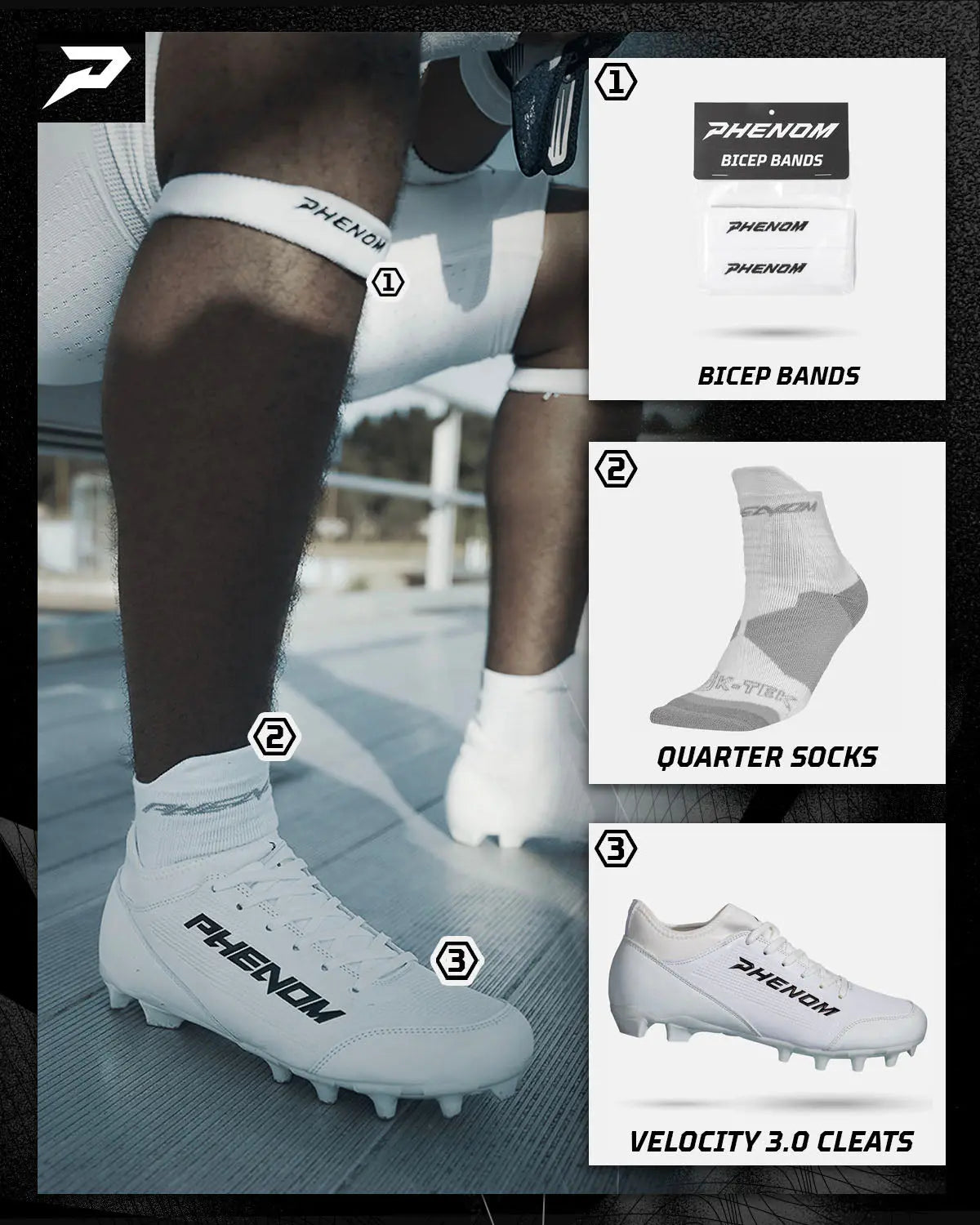 Velocity 3.0: Football Cleats - White Phenom Elite Brand
