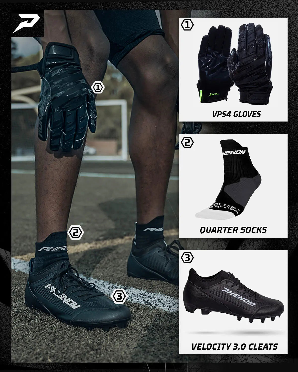 Velocity 3.0: Football Cleats - Black Phenom Elite Brand