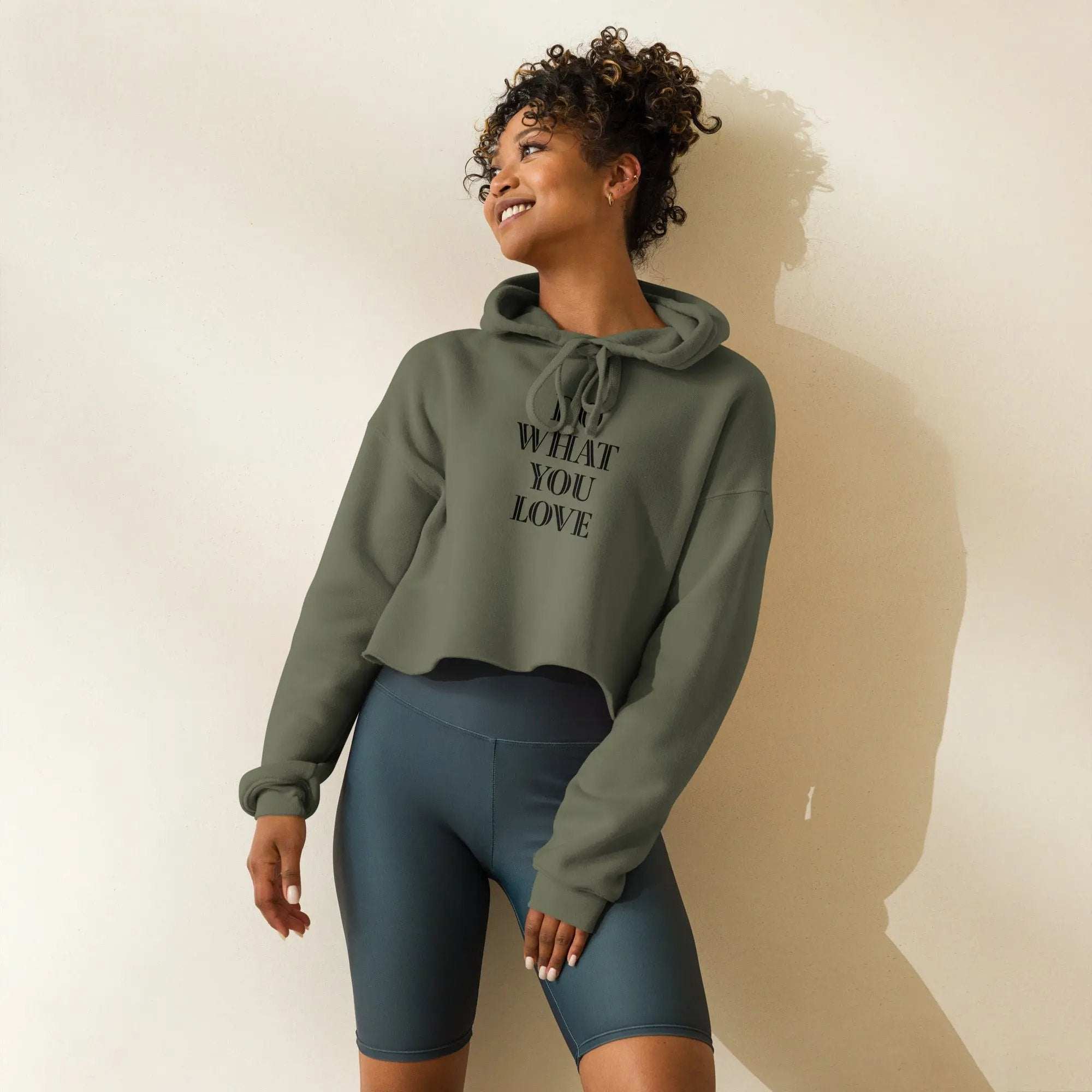 Fashion crop hoodie with raw hem and dropped shoulder cut in cotton-poly blend