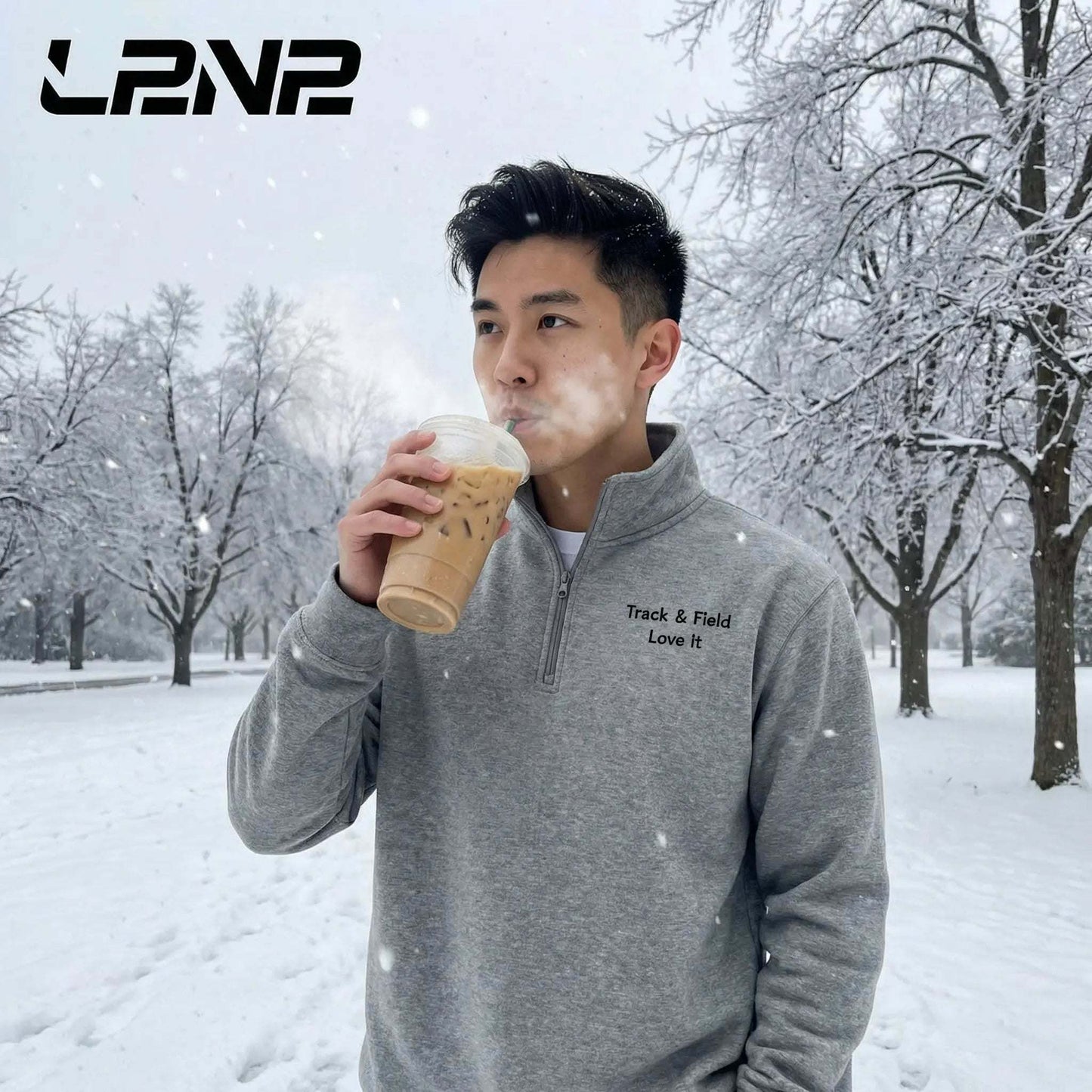 Carbon grey fleece pullover with soft fleece inside and relaxed fit for track and field