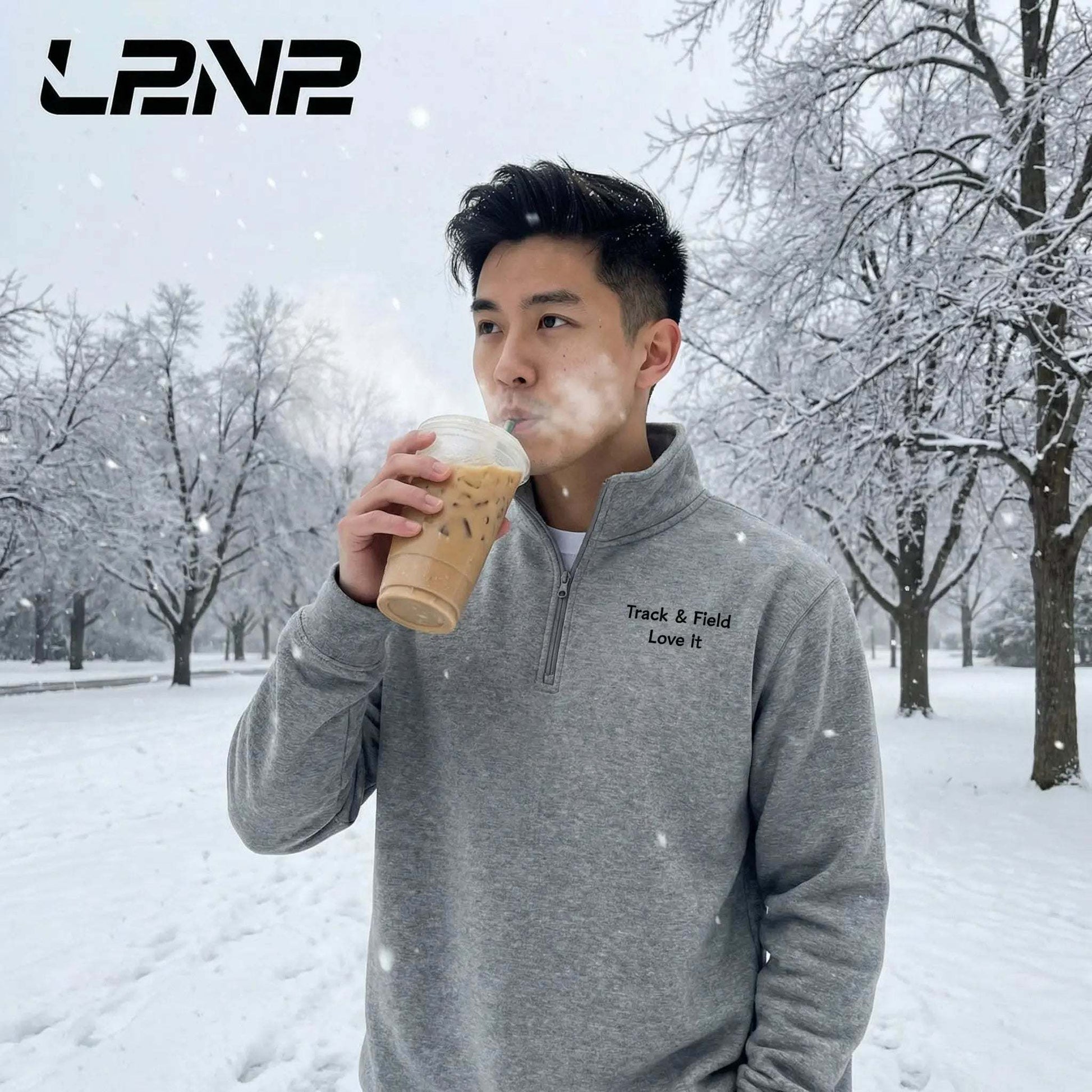 Carbon grey fleece pullover with soft fleece inside and relaxed fit for track and field