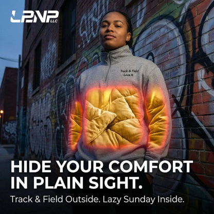 Fleece pullover with soft fleece inside, relaxed fit, and ribbed cuffs for track and field warmth