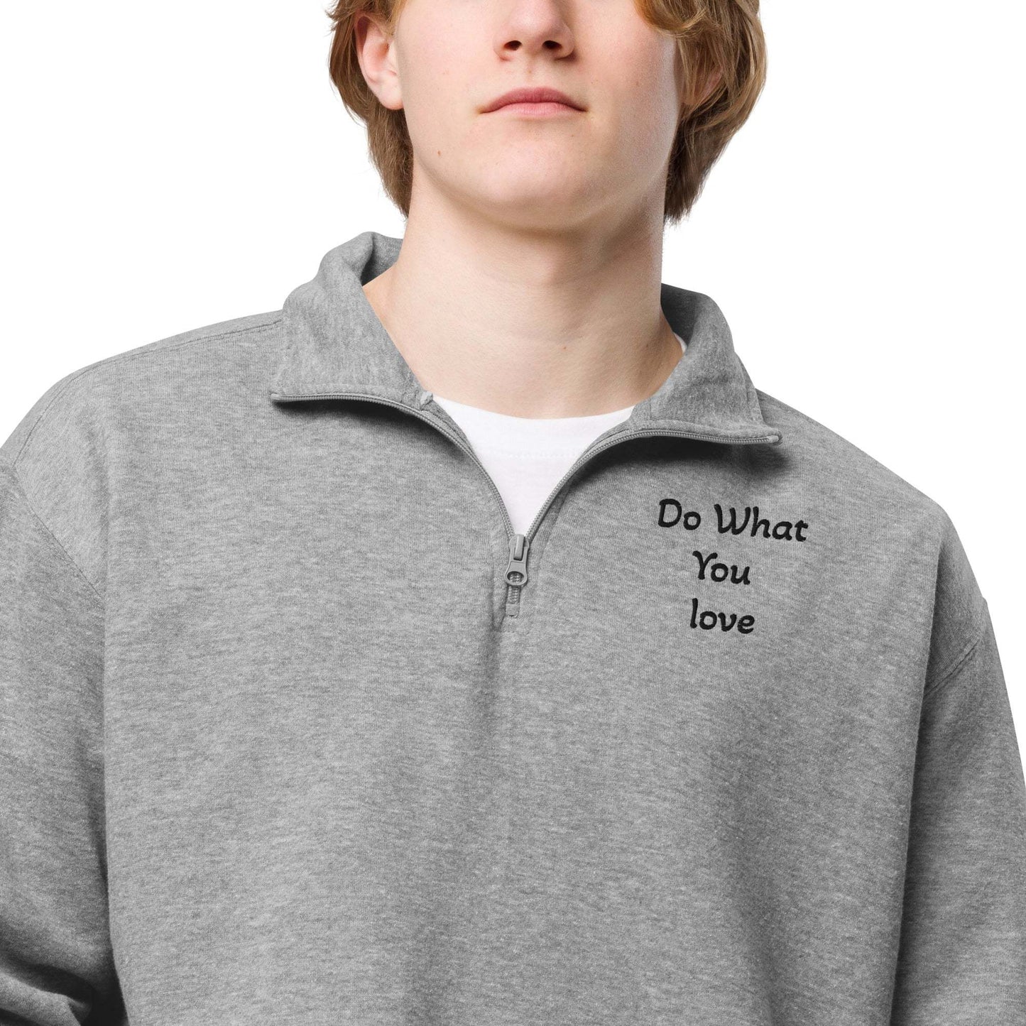 Carbon grey fleece pullover with quarter zipper, soft fleece inside, relaxed fit, ribbed cuffs and waistband