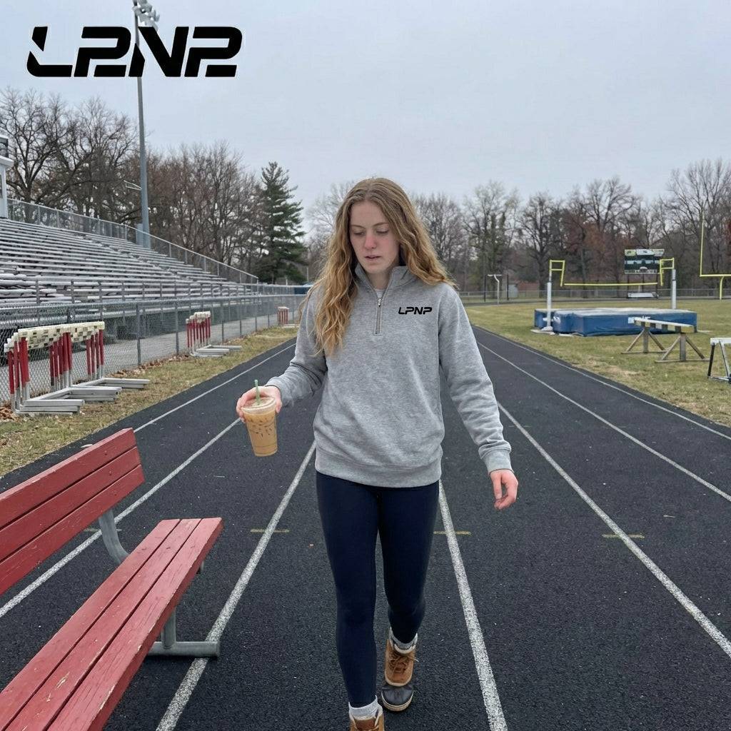 Fleece pullover in carbon grey with soft fleece lining and relaxed fit for track and field warmth