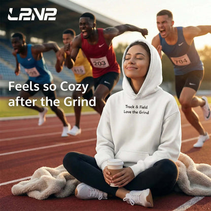Limited Edition Cozy Track training hoodie in dark navy with double-lined hood and front pouch pocket