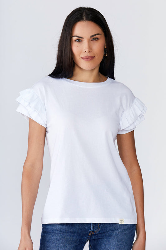 Ella Ruffle Sleeve Tee in organic cotton with double ruffle short sleeves and relaxed fit.
