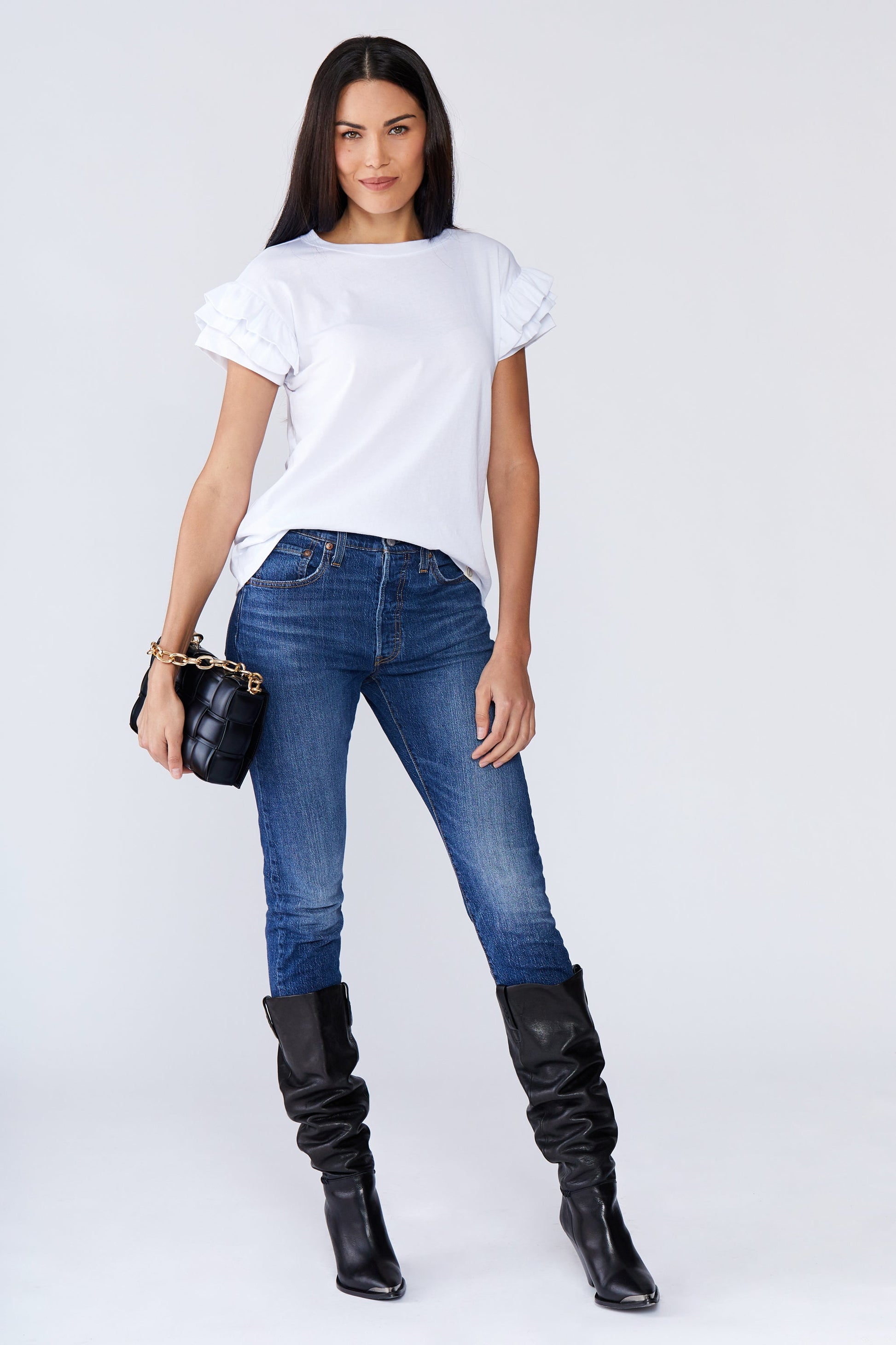 Ella Ruffle Sleeve Tee in organic cotton with double ruffle short sleeves and relaxed fit