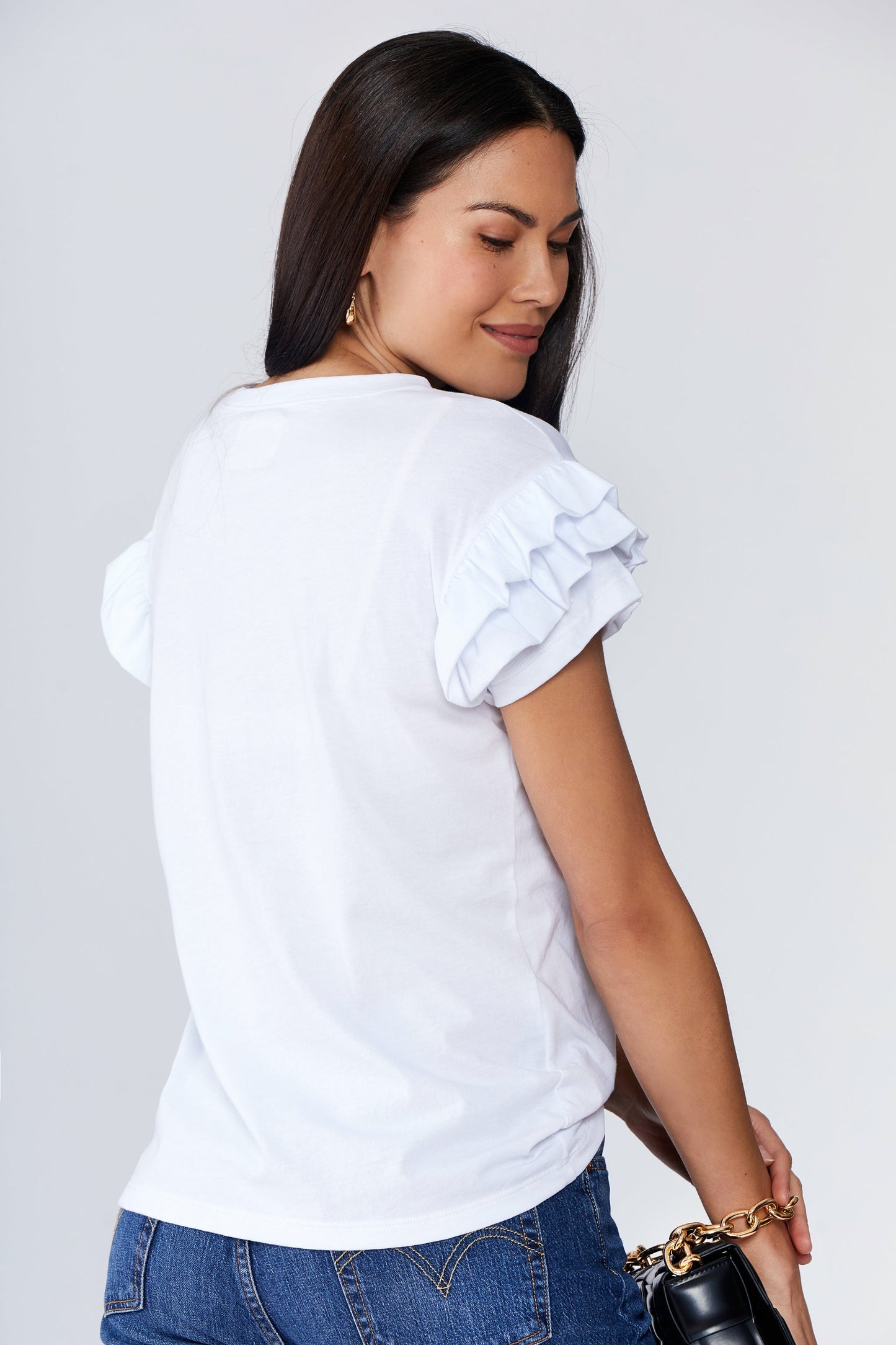 Ella Ruffle Sleeve Tee in white with double ruffle short sleeves and classic crew neck on a model