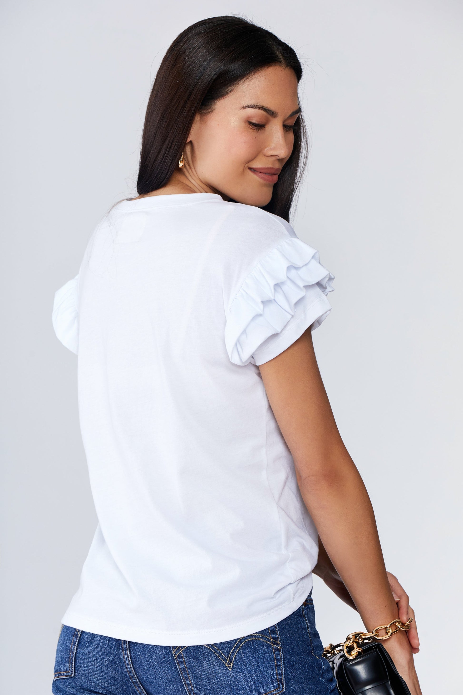Ella Ruffle Sleeve Tee in white with double ruffle short sleeves and classic crew neck on a model