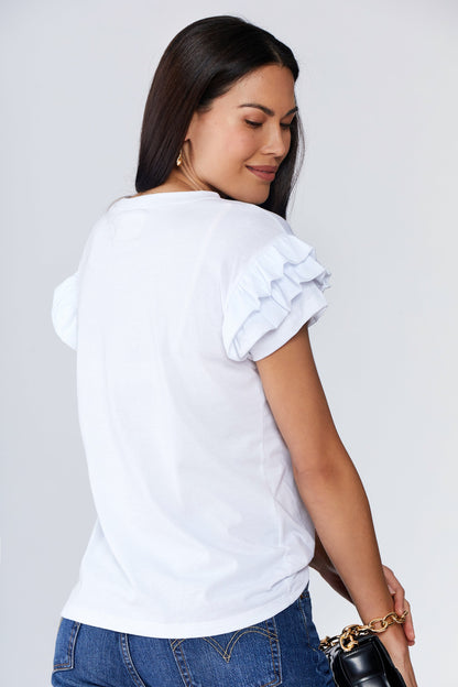 Ella Ruffle Sleeve Tee in white with double ruffle short sleeves and classic crew neck on a model