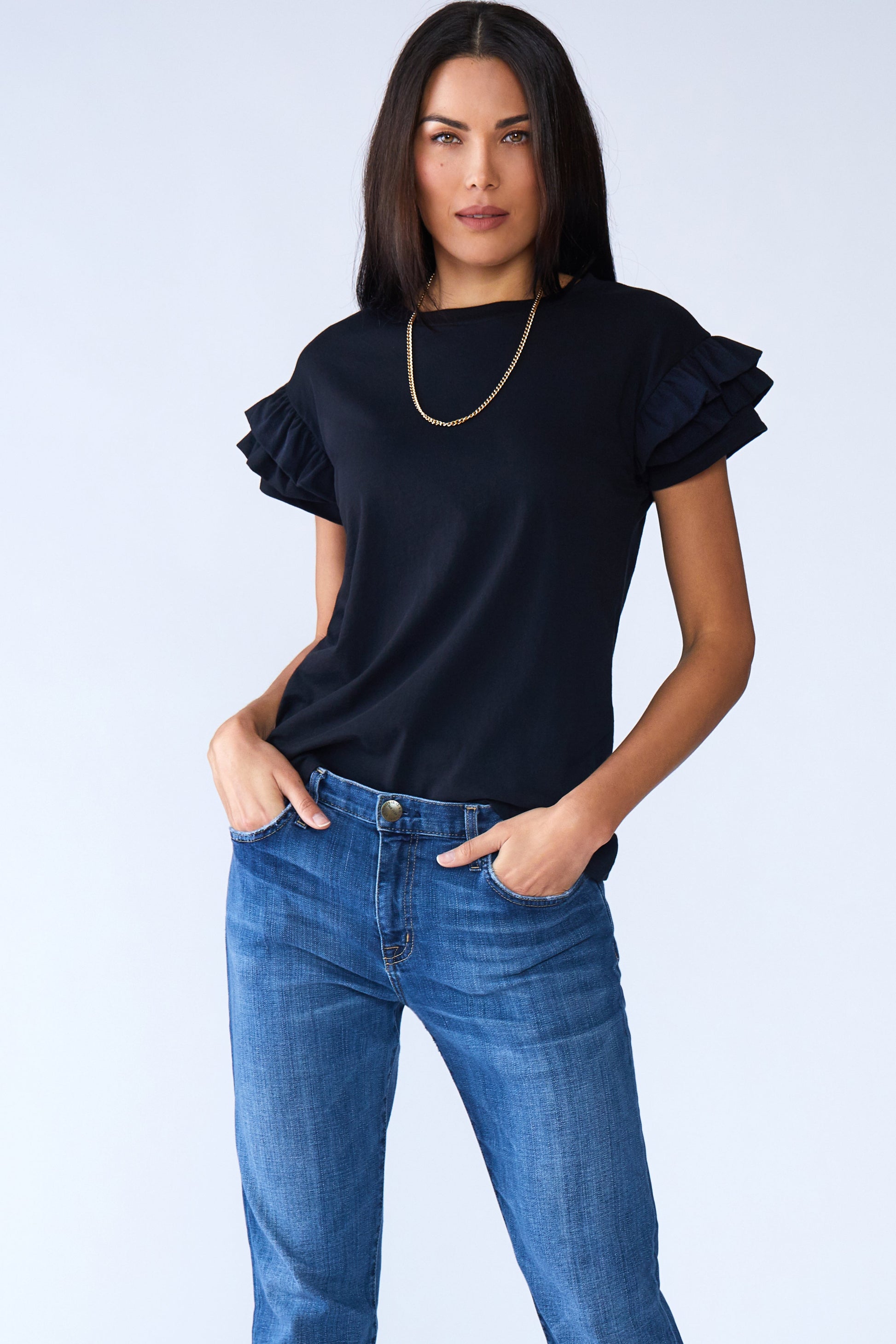 Ella Ruffle Sleeve Tee with classic crew neck and feminine double ruffle short sleeves in relaxed fit organic cotton