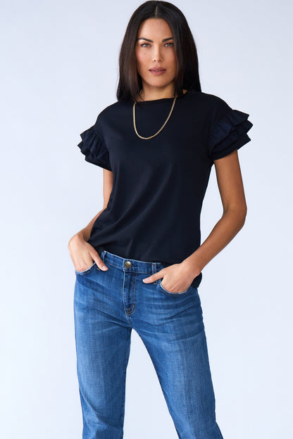 Ella Ruffle Sleeve Tee with classic crew neck and feminine double ruffle short sleeves in relaxed fit organic cotton