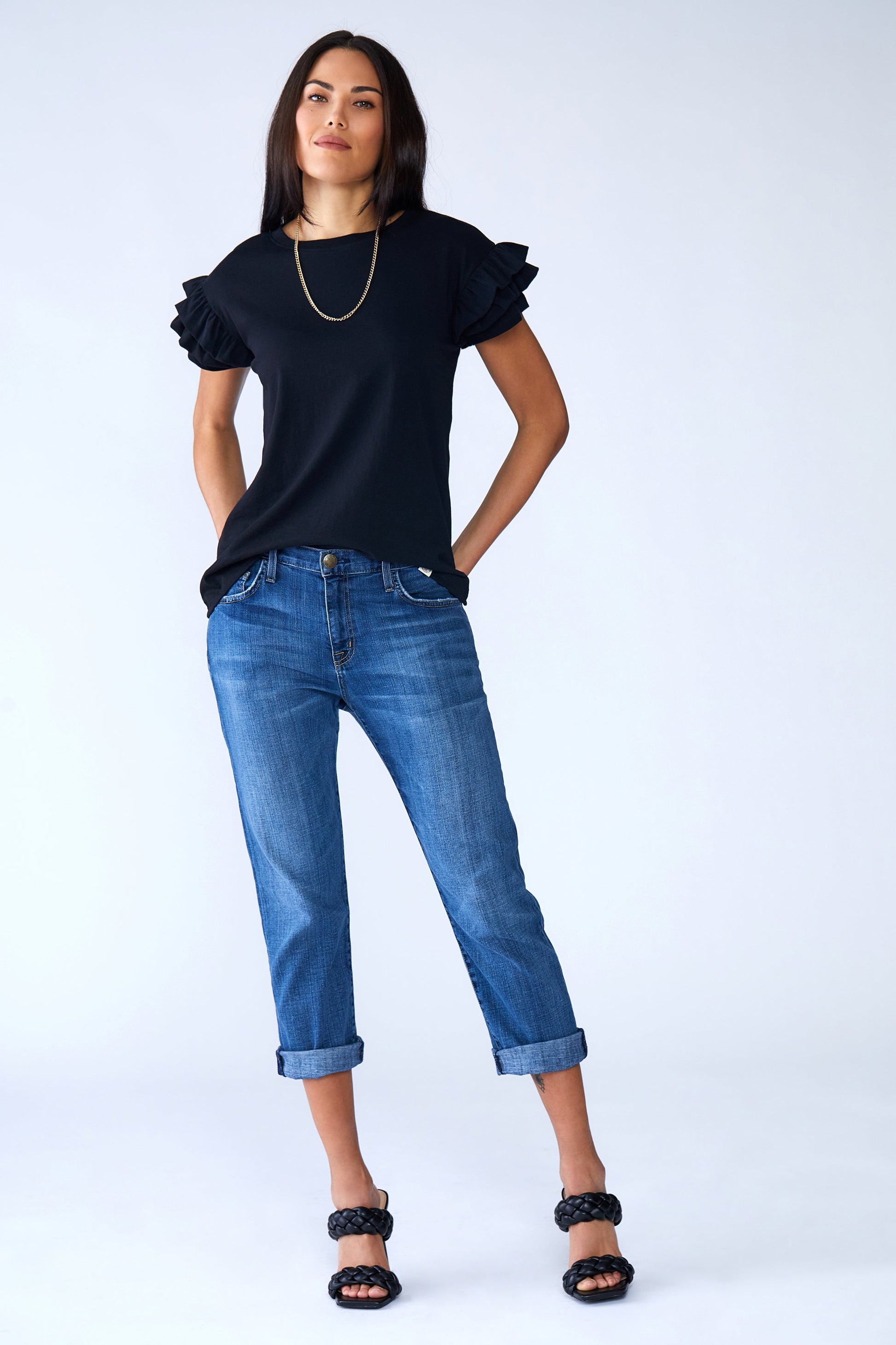 Ella Ruffle Sleeve Tee in white with double ruffle short sleeves and relaxed fit on model