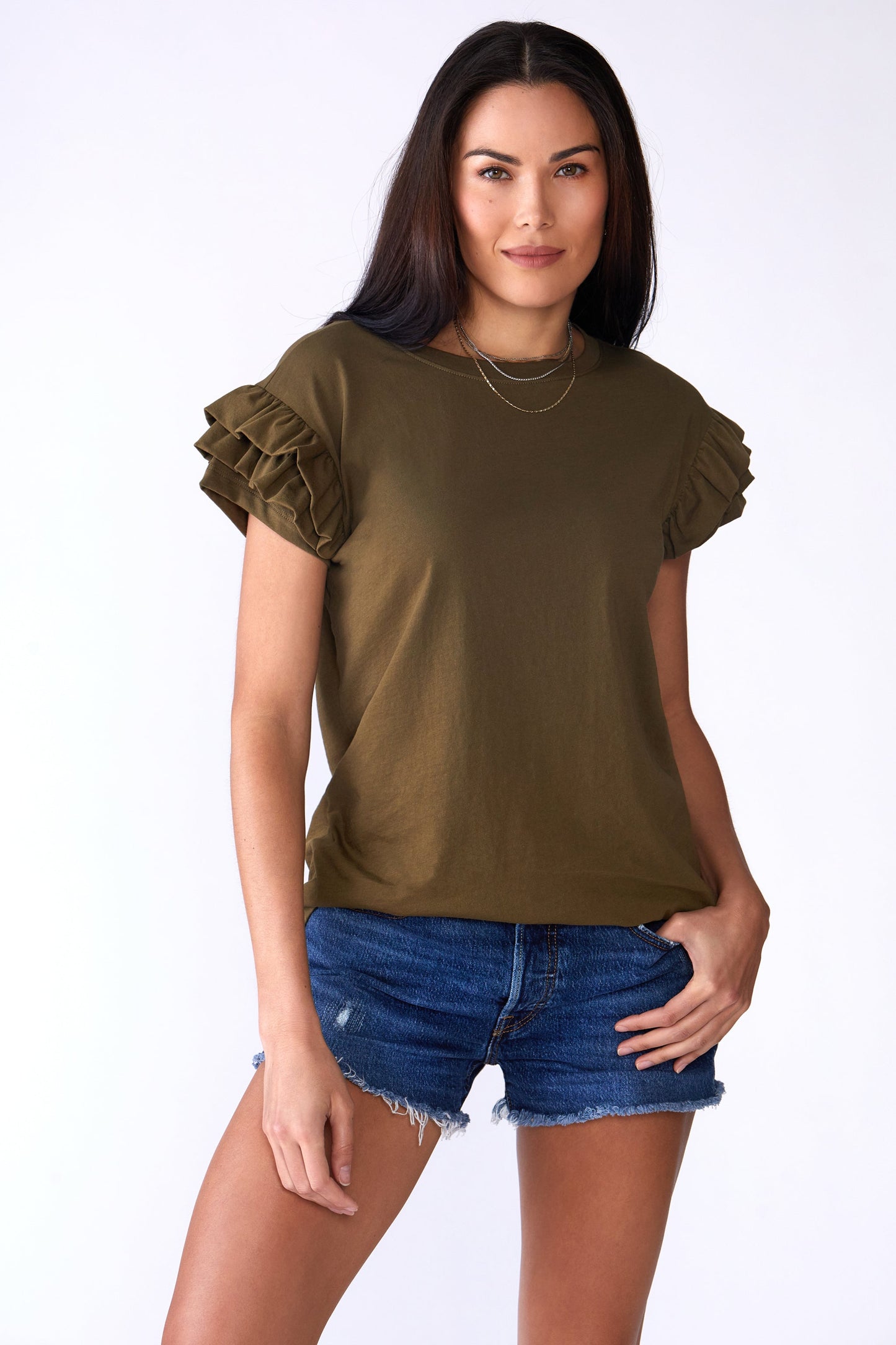 Ella Ruffle Sleeve Tee in white organic cotton with double ruffle short sleeves and relaxed fit