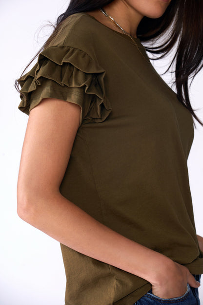 Ella Ruffle Sleeve Tee in organic cotton with double ruffle short sleeves and relaxed fit
