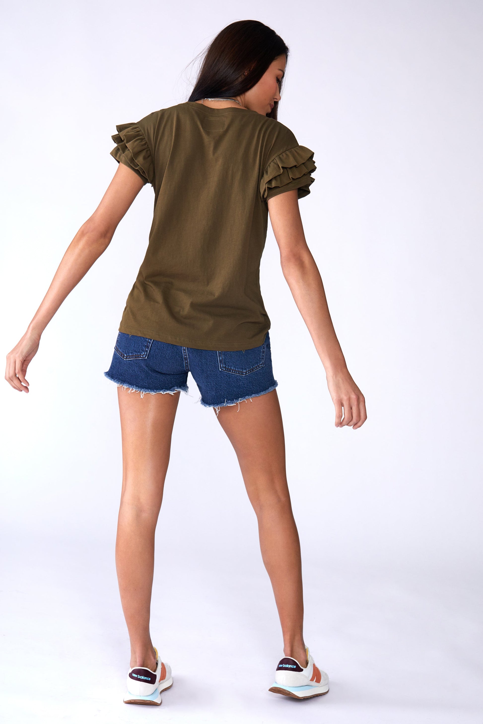 Ella Ruffle Sleeve Tee in white with double ruffle sleeves and relaxed fit on model