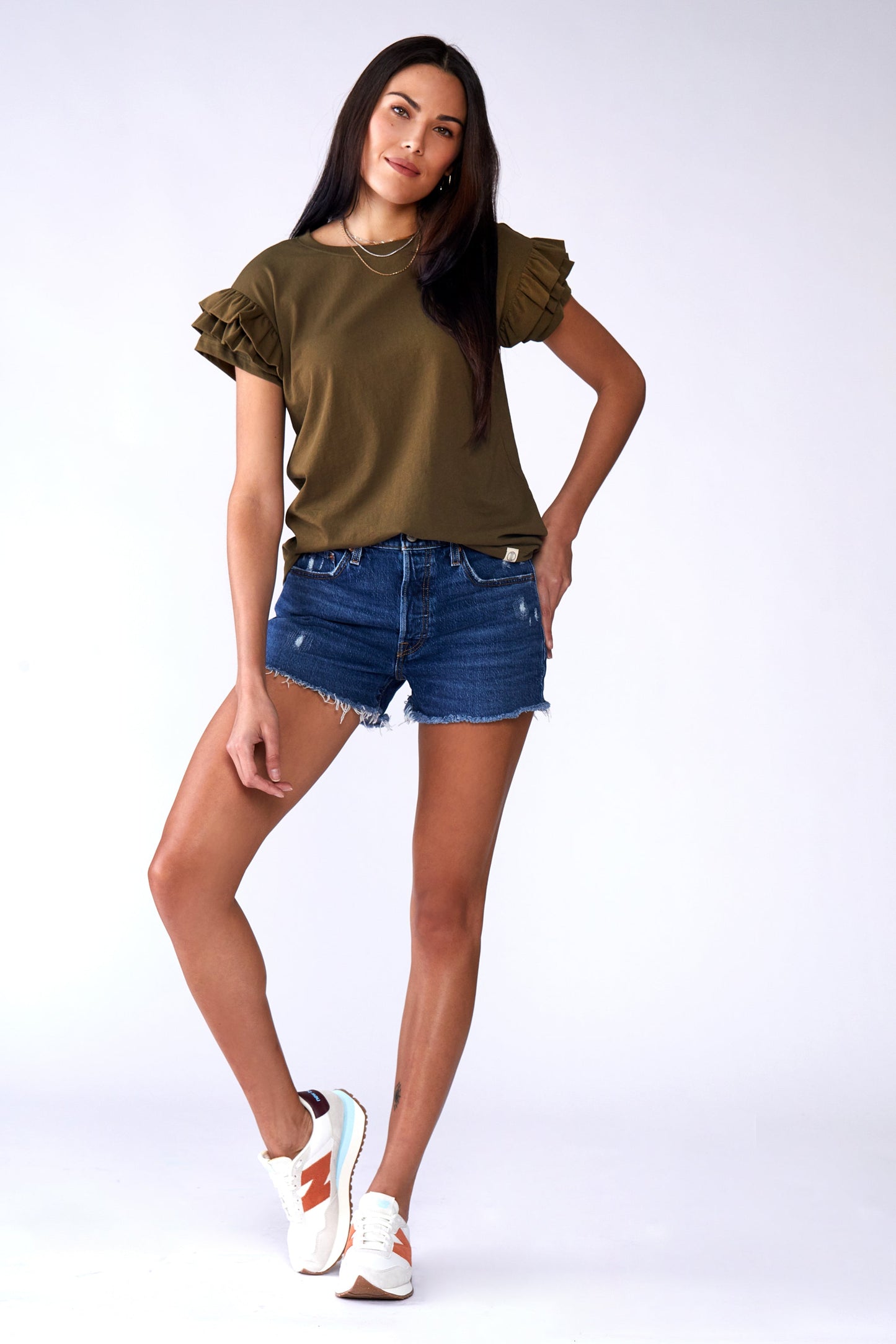Ella Ruffle Sleeve Tee in white with double ruffle short sleeves and relaxed fit modeled by Vanessa