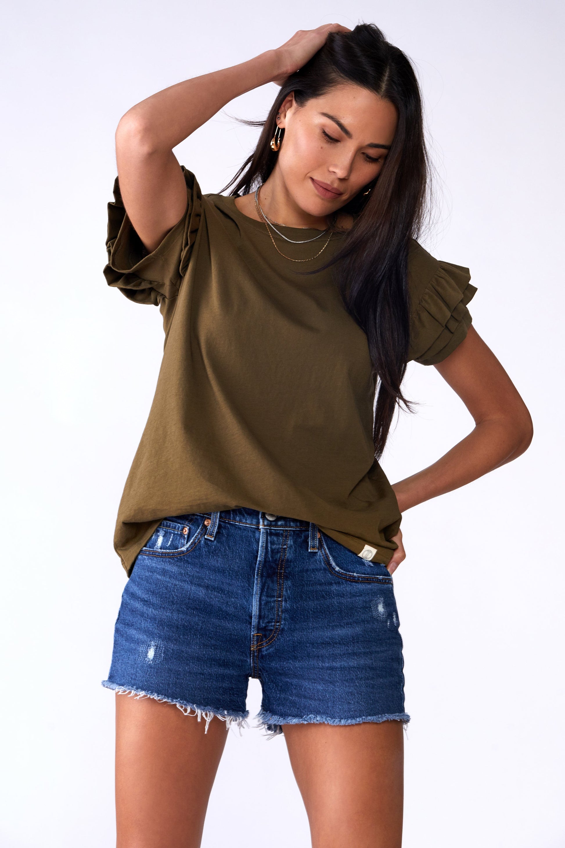 Ella Ruffle Sleeve Tee with classic crew neck and double ruffle short sleeves in organic cotton