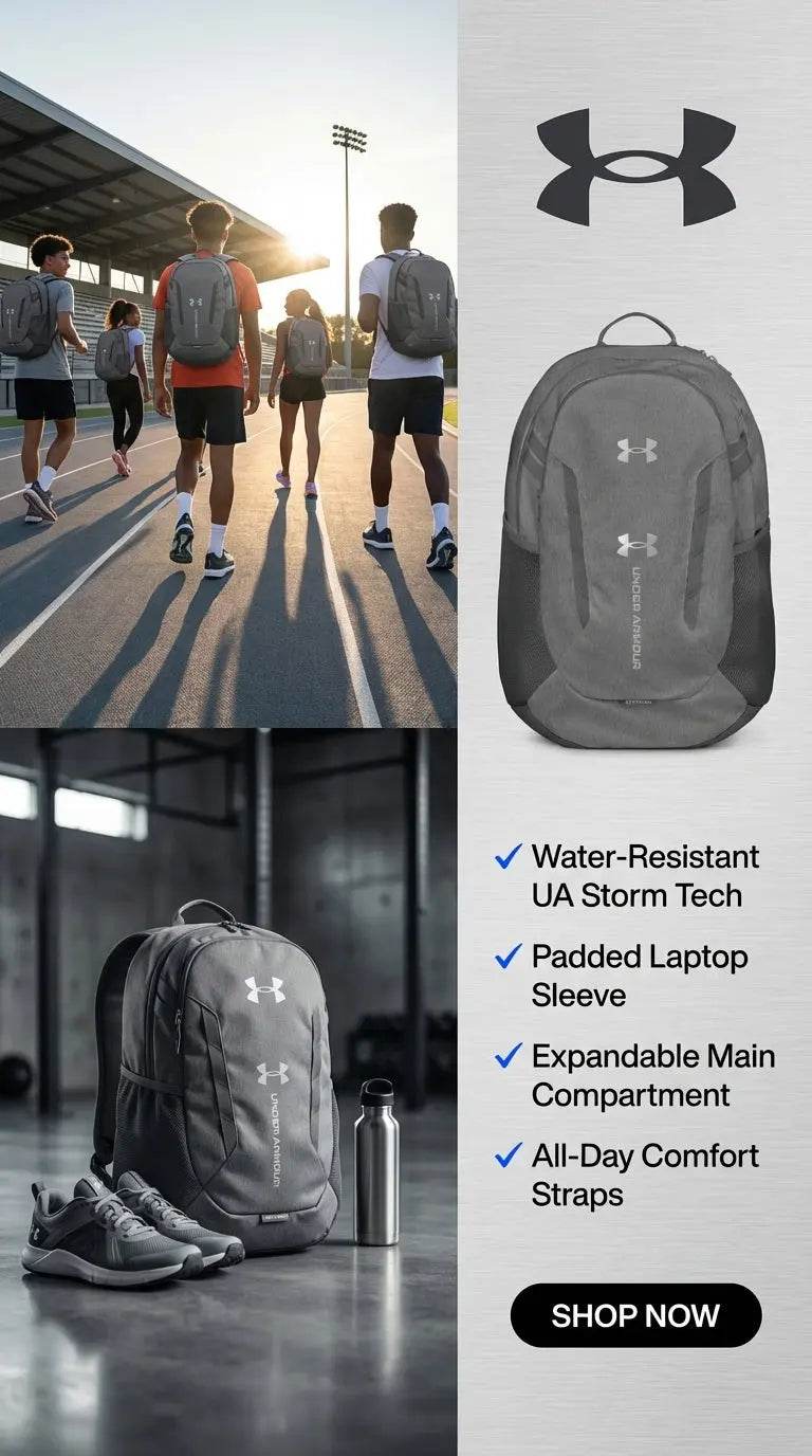 Under Armour Track & Field Backpack in black with water-resistant fabric and padded laptop sleeve