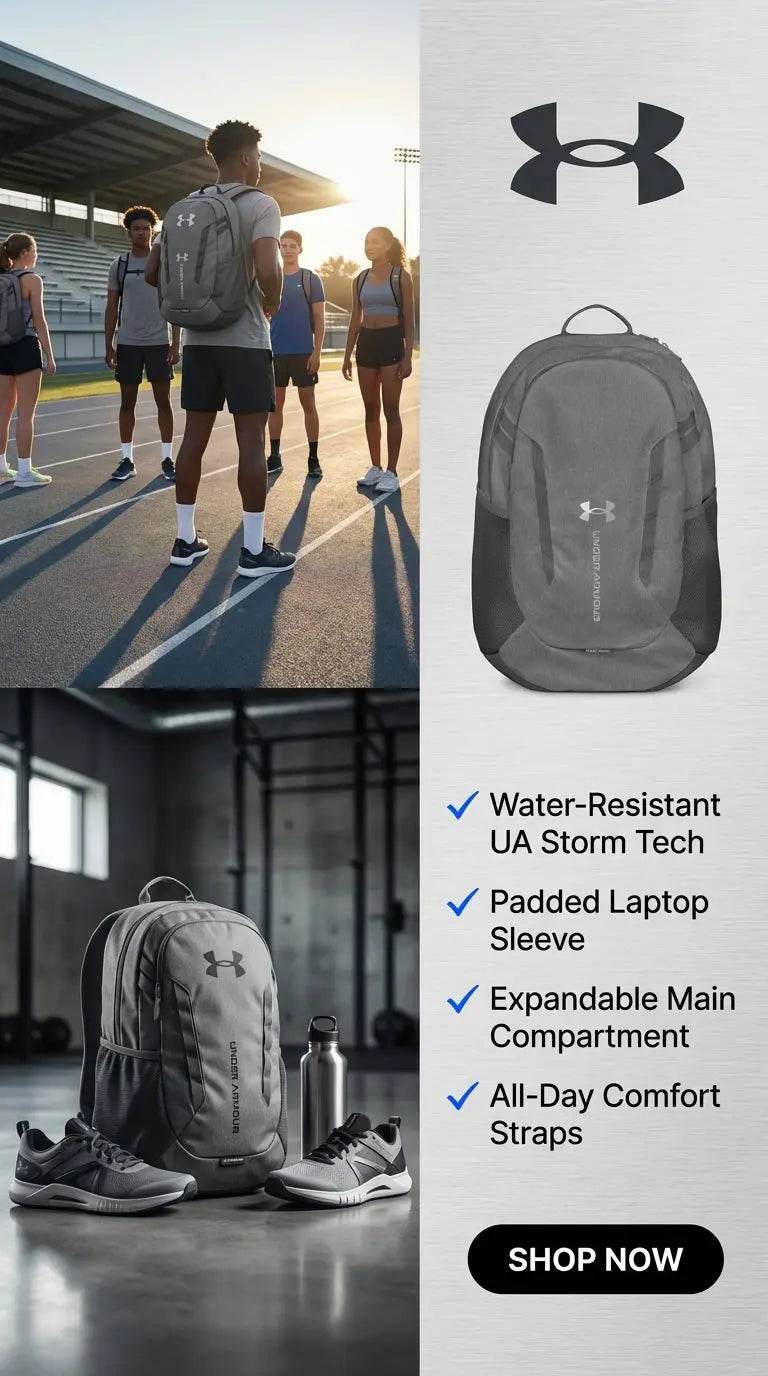 Under Armour Track & Field Backpack with water-resistant fabric and padded laptop sleeve
