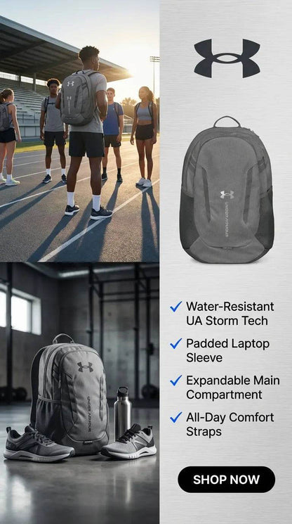 Under Armour Track & Field Backpack with water-resistant fabric and padded laptop sleeve