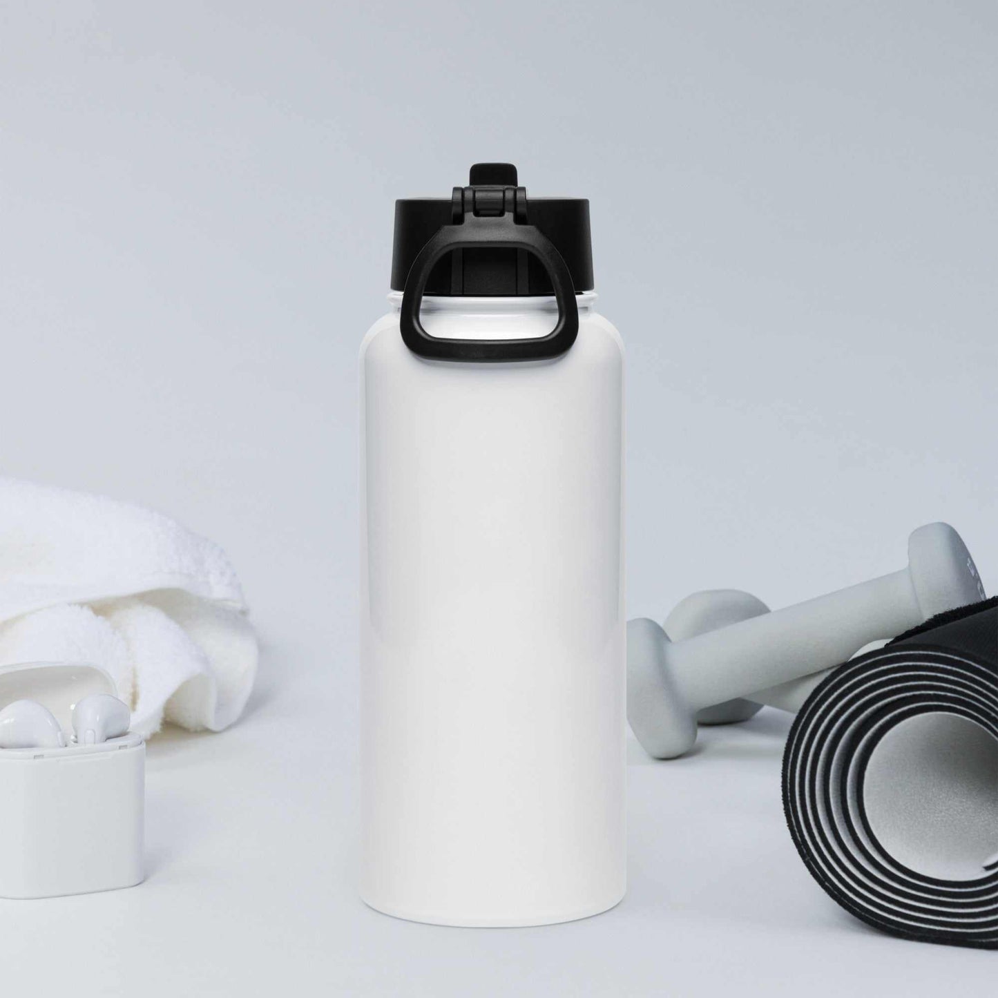 32 oz stainless steel water bottle with foldable straw lid and rotating handle for easy hydration