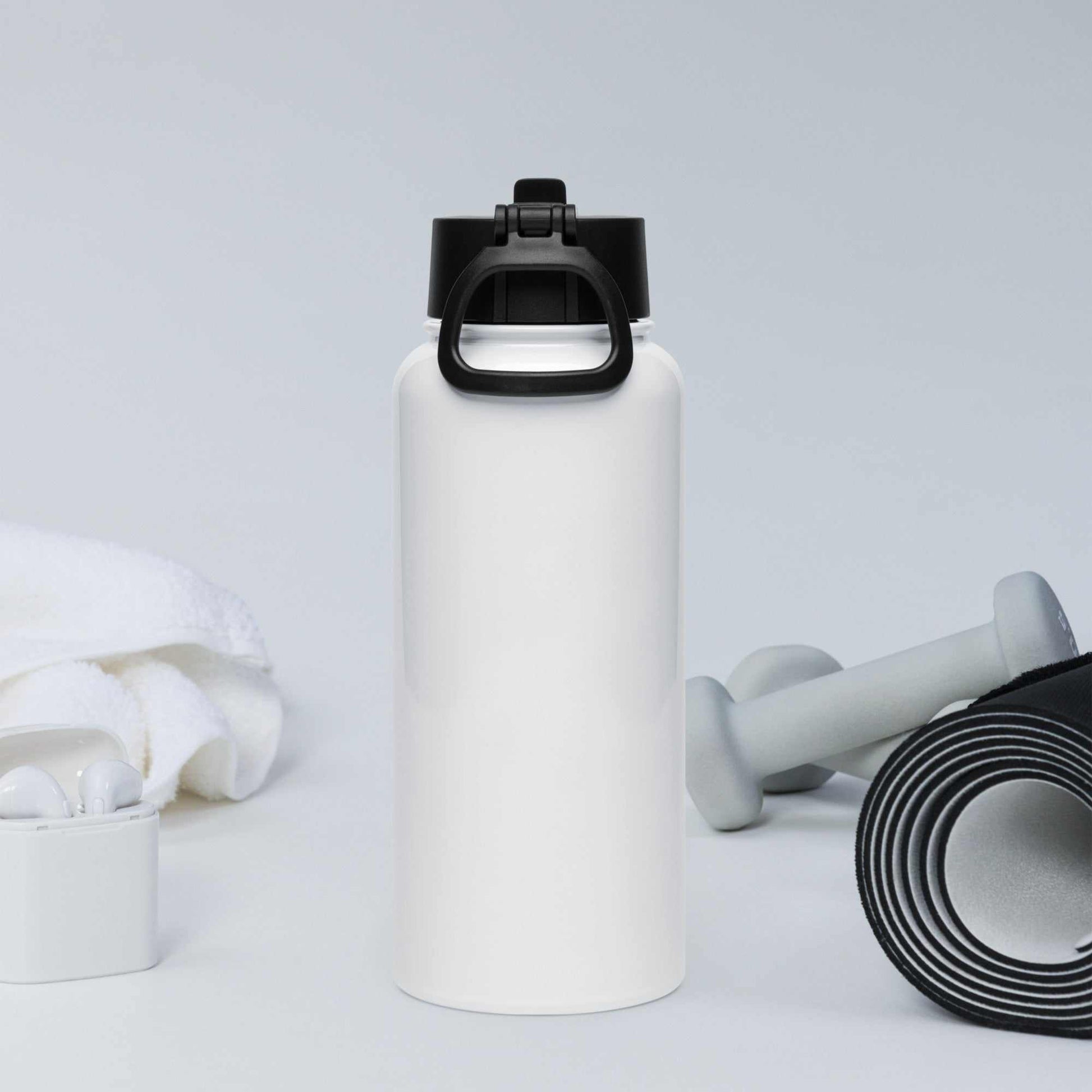 32 oz stainless steel water bottle with foldable straw lid and rotating handle for easy hydration