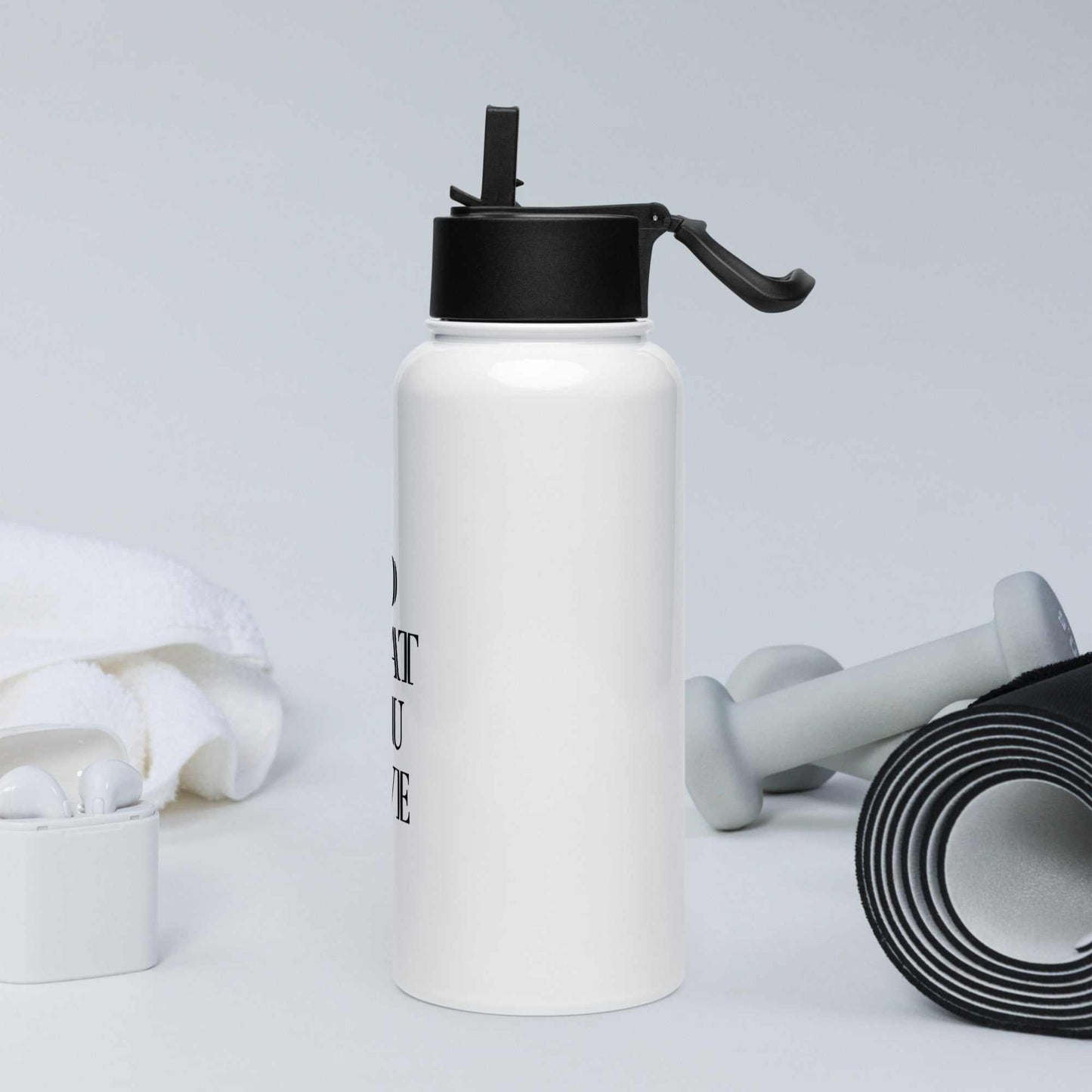 Glossy stainless steel water bottle with 32 oz capacity, foldable straw lid, rotating handle, and vacuum insulation