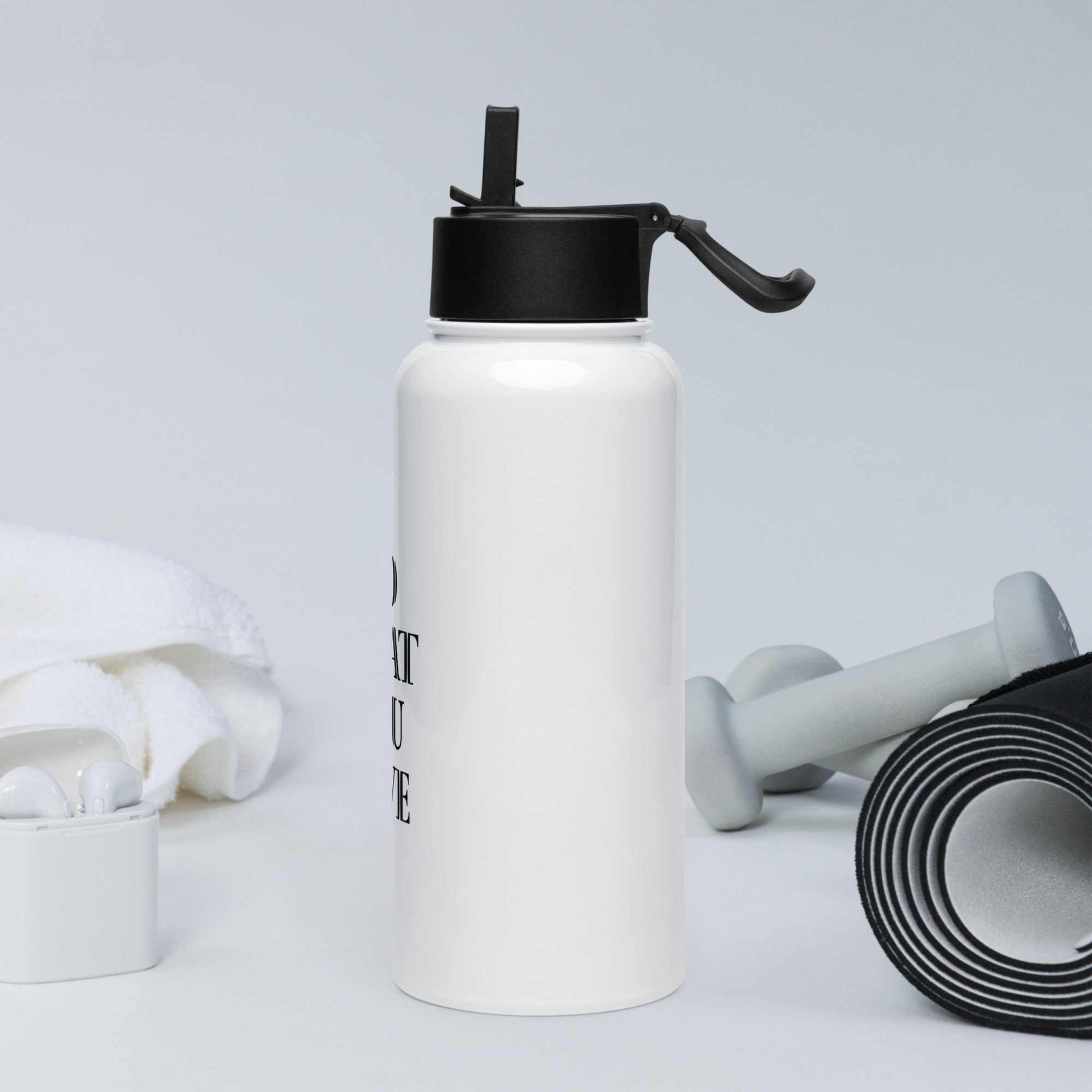 Glossy stainless steel water bottle with 32 oz capacity, foldable straw lid, rotating handle, and vacuum insulation