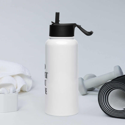 Glossy stainless steel water bottle with 32 oz capacity, foldable straw lid, rotating handle, and vacuum insulation