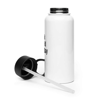32 oz stainless steel water bottle with foldable straw lid and rotating handle for easy carrying