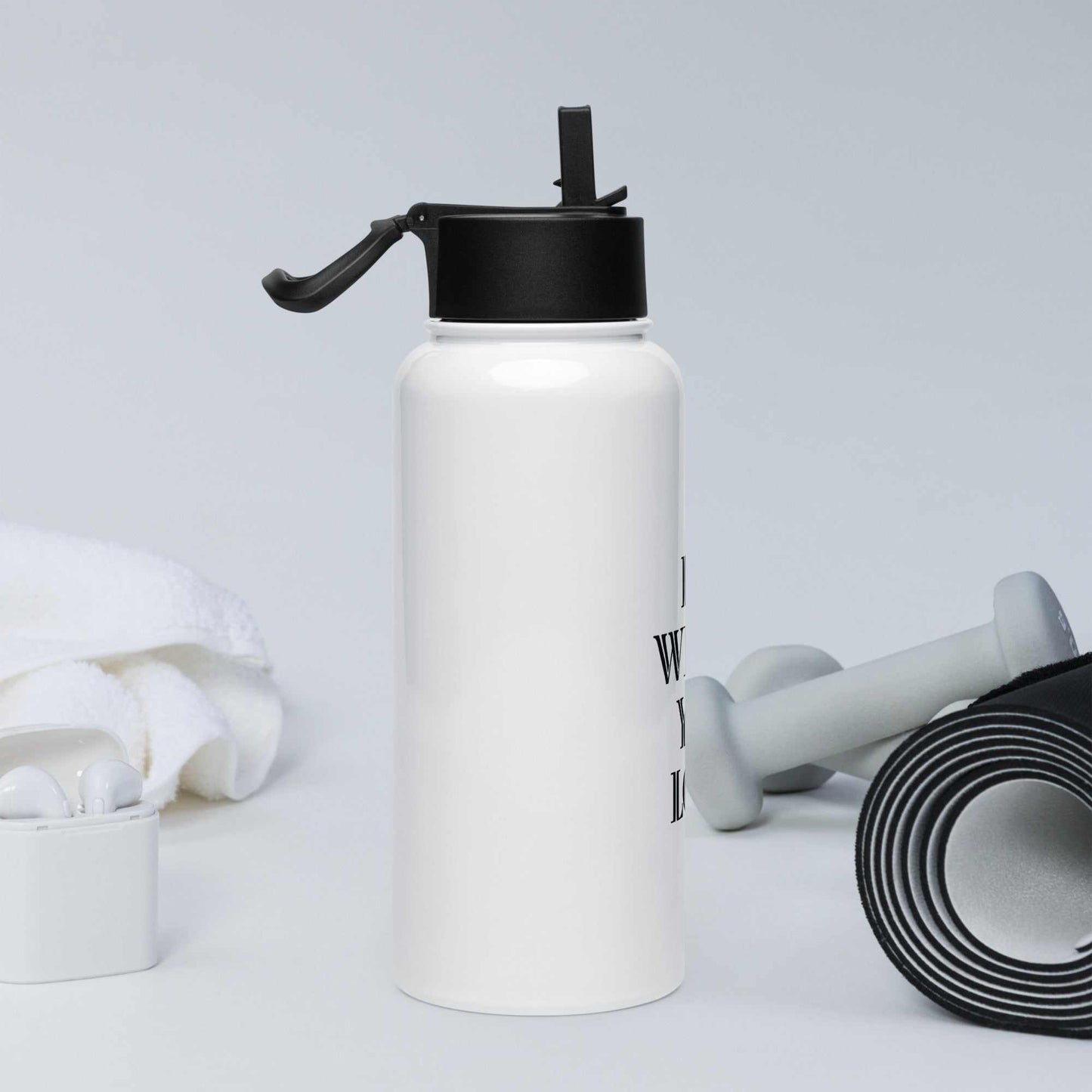 32 oz stainless steel water bottle with foldable straw lid and rotating handle for easy carrying