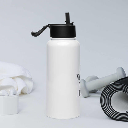 32 oz stainless steel water bottle with foldable straw lid and rotating handle for easy carrying